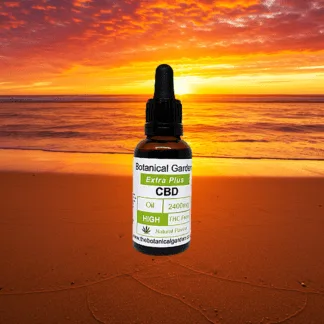 Home 26 golden sand beach sunset background well being, botanical garden CBD oil 2400mg 30ml bottle