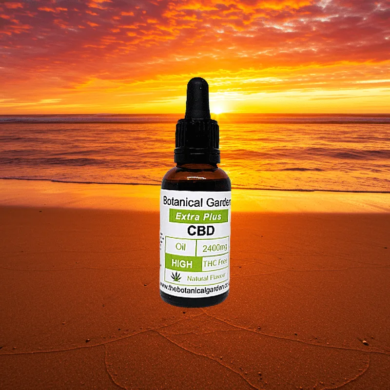 golden sand beach sunset background well being, botanical garden CBD oil 2400mg 30ml bottle