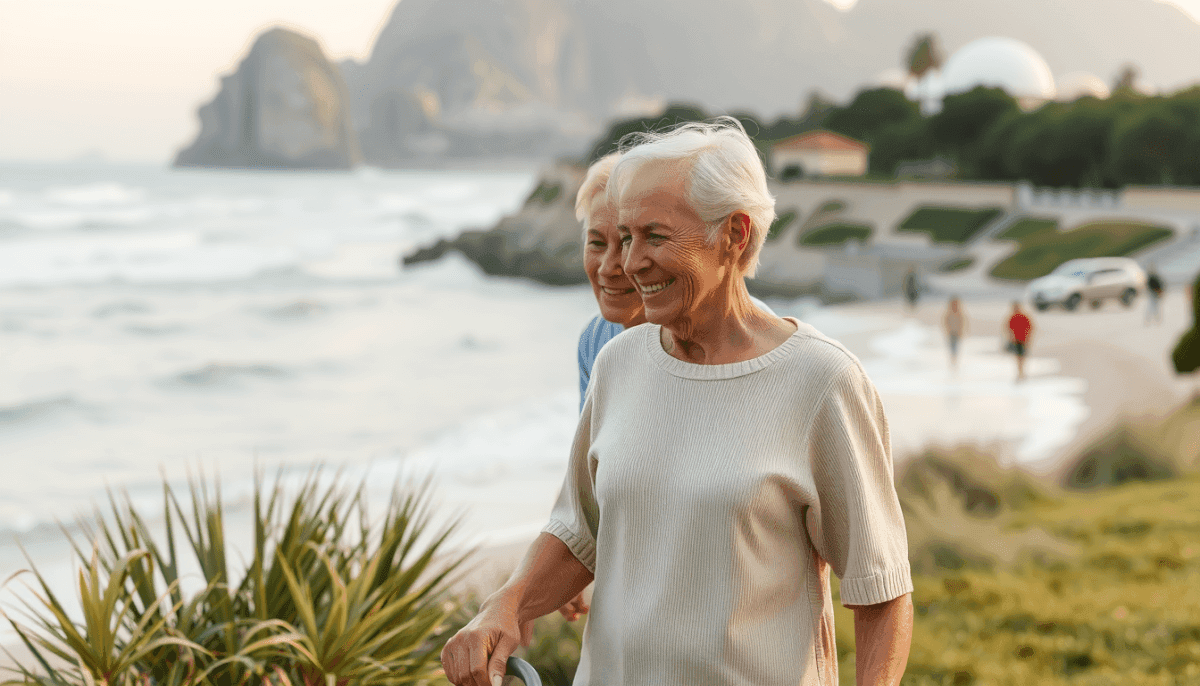 Home 7 Happy elderly couple walking near the beach.