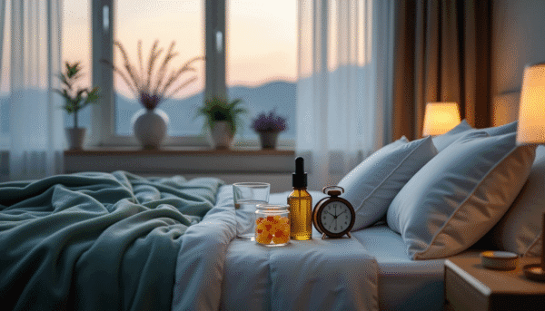 CBD oil placed on a bedside table. Cbd for sleep.