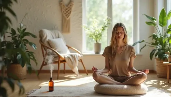 CBD Mindfulness, woman meditating in the living room wiht a CBD infusion.