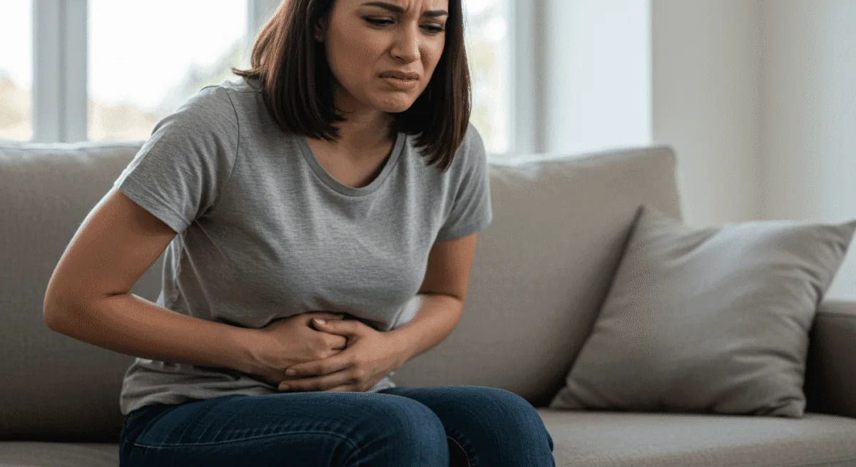 CBD for IBS: The Science-Backed Guide to Natural Gut Relief 10 woman holding her stomach suffering from IBS