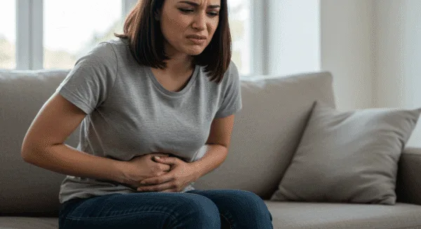 woman holding her stomach suffering from IBS