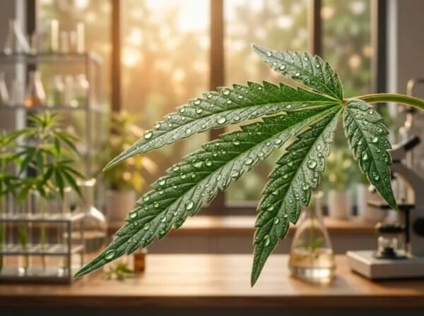 A professional, ultra-detailed macro photograph of a vibrant green hemp leaf with perfectly formed morning dew drops resting on its surface. In the background, a warm, soft-focus morning sun filters through a clean, modern botanical laboratory glass window.