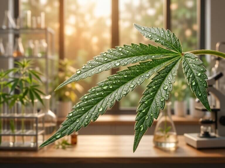 A professional, ultra-detailed macro photograph of a vibrant green hemp leaf with perfectly formed morning dew drops resting on its surface. In the background, a warm, soft-focus morning sun filters through a clean, modern botanical laboratory glass window.