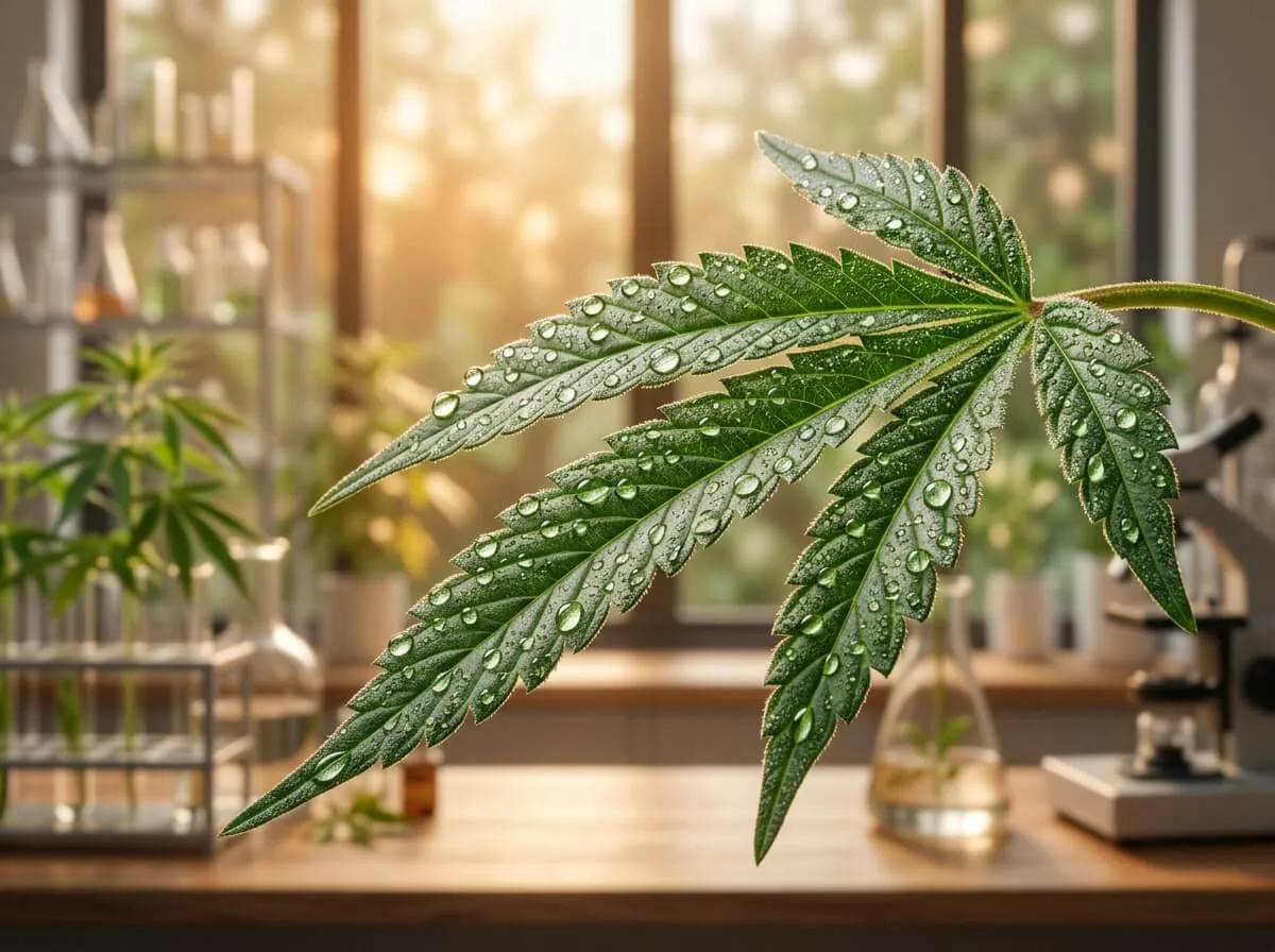 A professional, ultra-detailed macro photograph of a vibrant green hemp leaf with perfectly formed morning dew drops resting on its surface. In the background, a warm, soft-focus morning sun filters through a clean, modern botanical laboratory glass window.