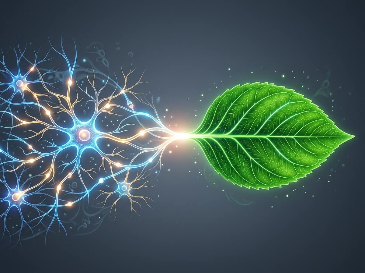 A beautiful, abstract medical illustration showcasing a glowing, elegant human neural pathway transitioning seamlessly into delicate, emerald-green botanical veins of a leaf. The background is a minimalist dark slate grey.