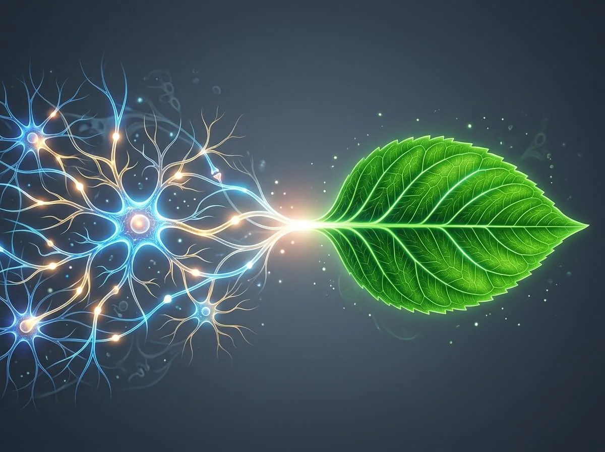 A beautiful, abstract medical illustration showcasing a glowing, elegant human neural pathway transitioning seamlessly into delicate, emerald-green botanical veins of a leaf. The background is a minimalist dark slate grey.