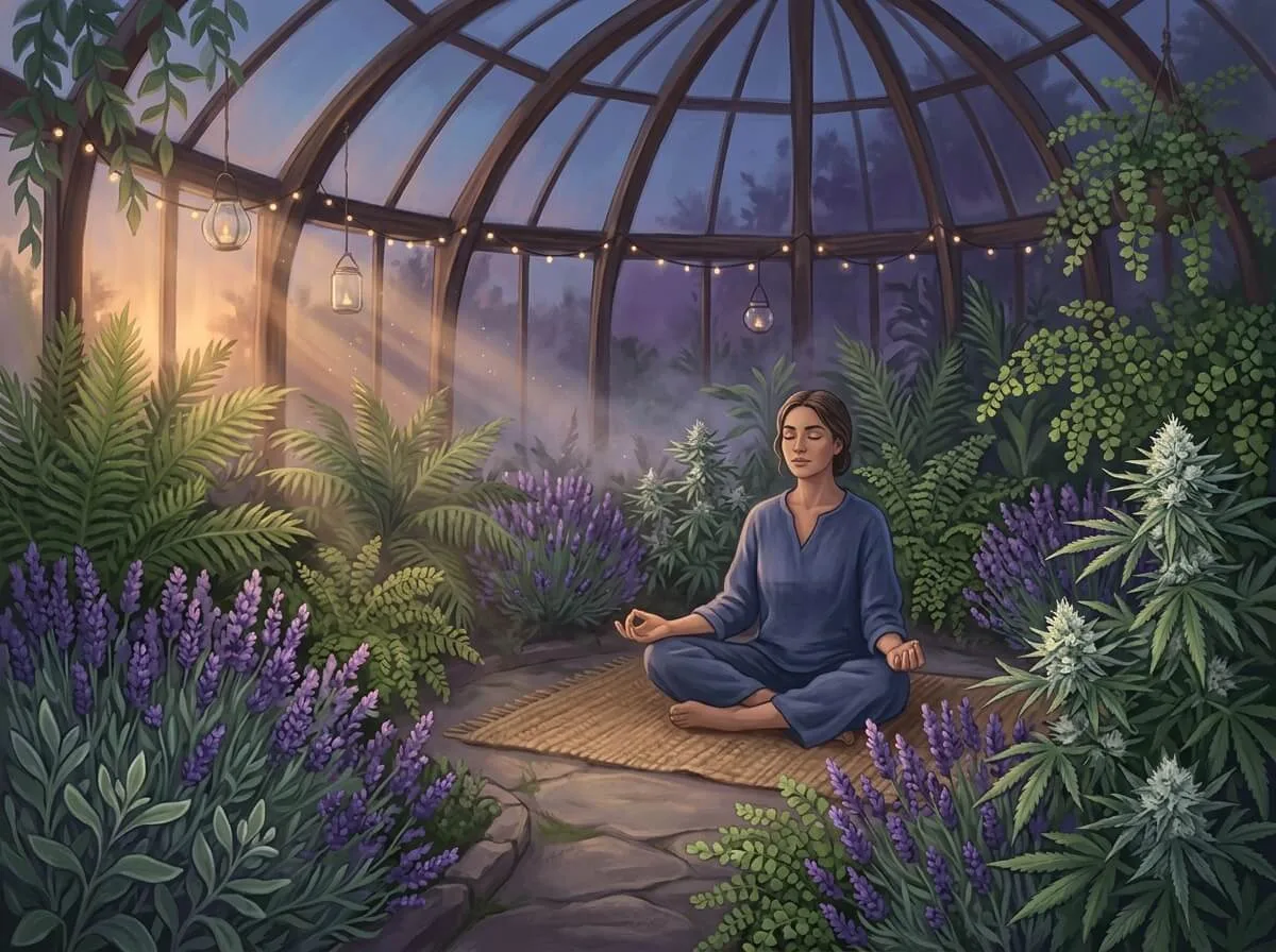 A stylized, calming digital art painting of a person sitting in a peaceful, meditative pose amidst a lush, dreamlike greenhouse filled with ferns, lavender, and white cannabis flowers. The atmosphere is filled with a soft, ethereal evening mist catching rays of golden hour twilight.